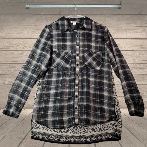 Xhilaration black and white plaid sheer, long sleeved button-up shirt. - Picture 2 of 5